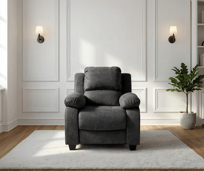 Stylish dark grey fabric armchair in modern living room – single seater upholstered sofa chair for contemporary home decor