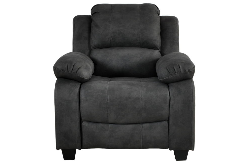 Stylish dark grey fabric armchair – single seater sofa on white background, modern upholstered accent chair for living room or office