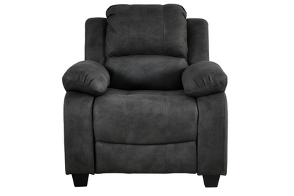 Stylish dark grey fabric armchair – single seater sofa on white background, modern upholstered accent chair for living room or office