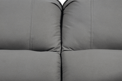 Close-up stitching of modern light grey fabric sofa – textured upholstery detail of contemporary living room furniture