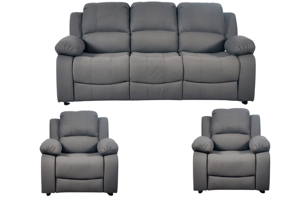 Modern light grey fabric sofa set – 3+1+1 configuration with three seater and two single seater armchairs on white background, contemporary upholstered living room furniture
