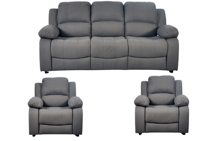 Modern light grey fabric sofa set – 3+1+1 configuration with three seater and two single seater armchairs on white background, contemporary upholstered living room furniture