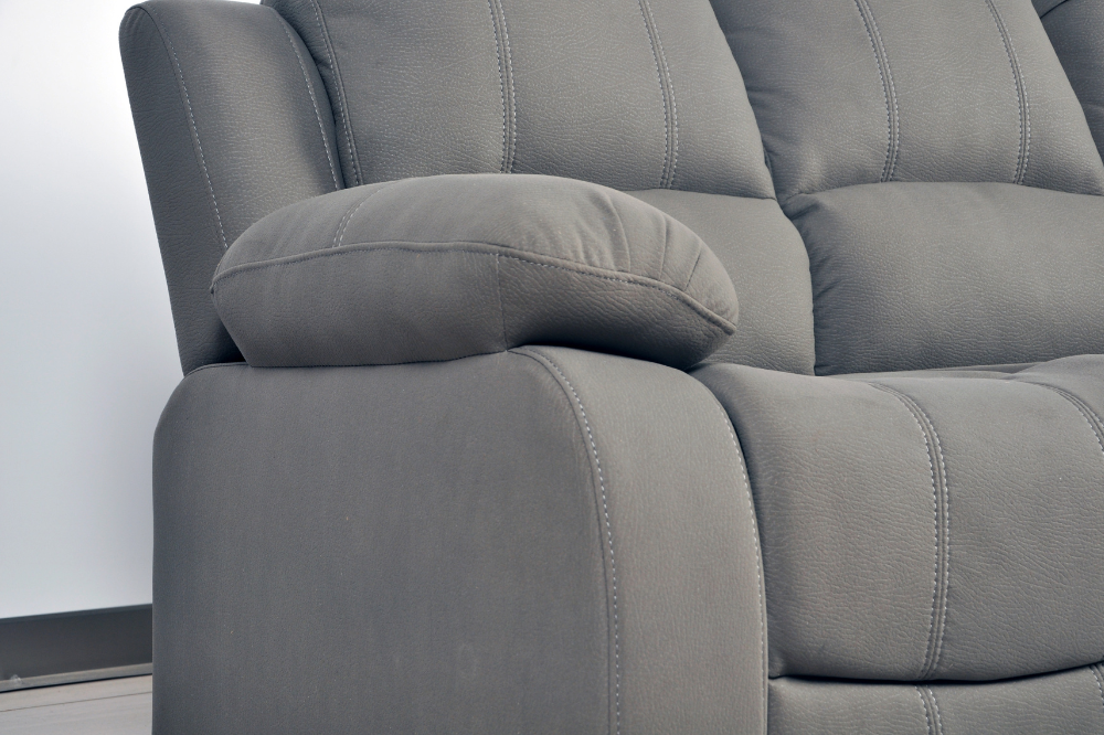 close up of modern light grey fabric 3 seater sofa on white background – contemporary upholstered couch for stylish living room decor