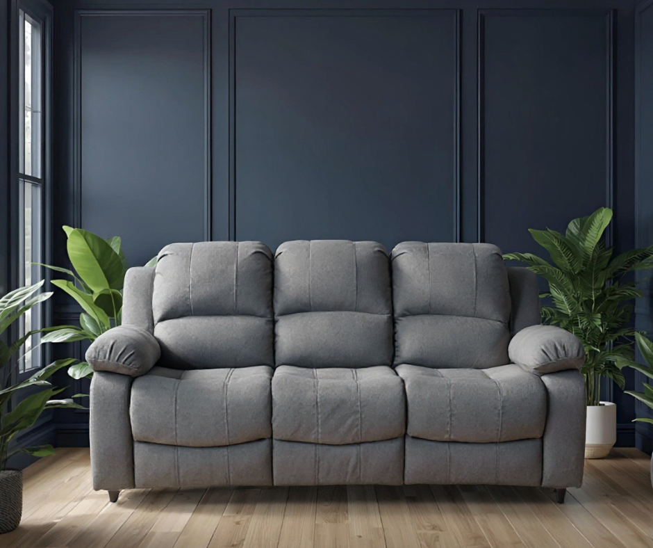 Stylish light grey fabric 3 seater sofa in modern living room – contemporary upholstered couch for elegant home interior