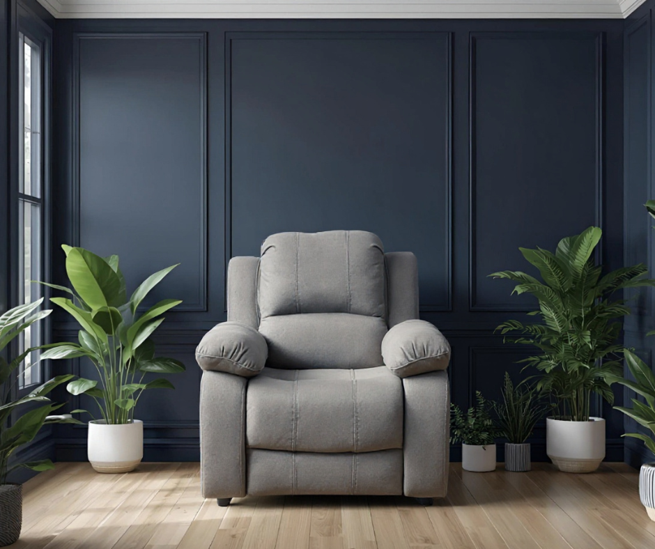 Modern light grey fabric armchair in stylish living room – single seater upholstered accent chair for contemporary home interior