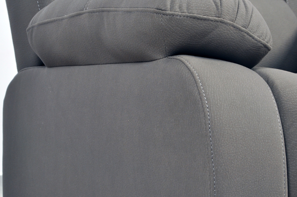Close-up of modern light grey fabric sofa – textured upholstery detail of contemporary living room furniture