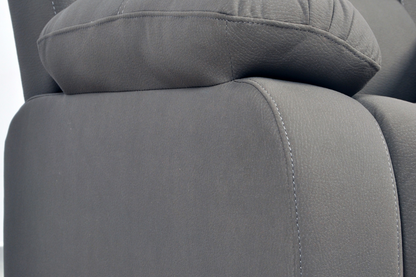 Close-up of modern light grey fabric sofa – textured upholstery detail of contemporary living room furniture
