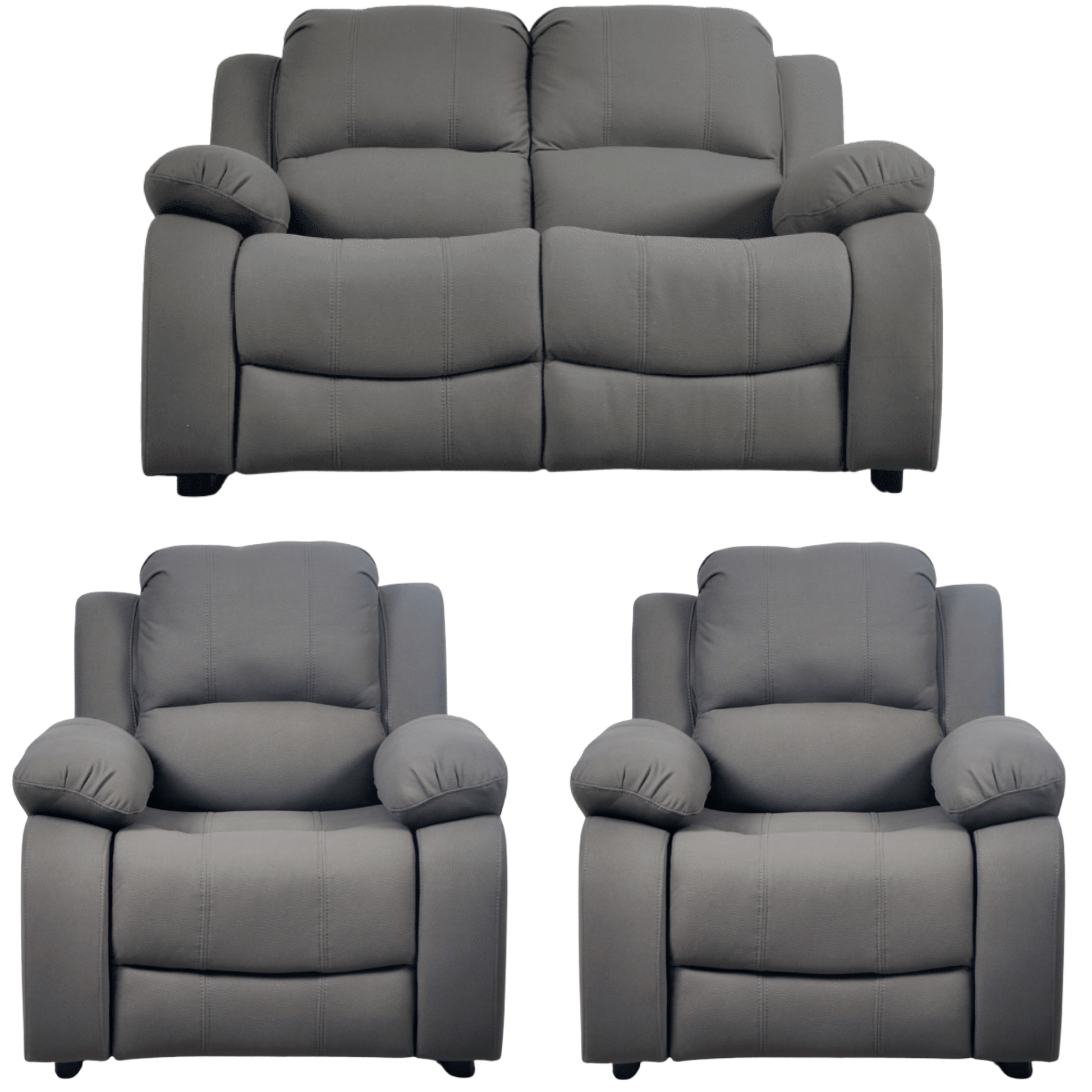 Gray sofa set with two recliner chairs on a white background