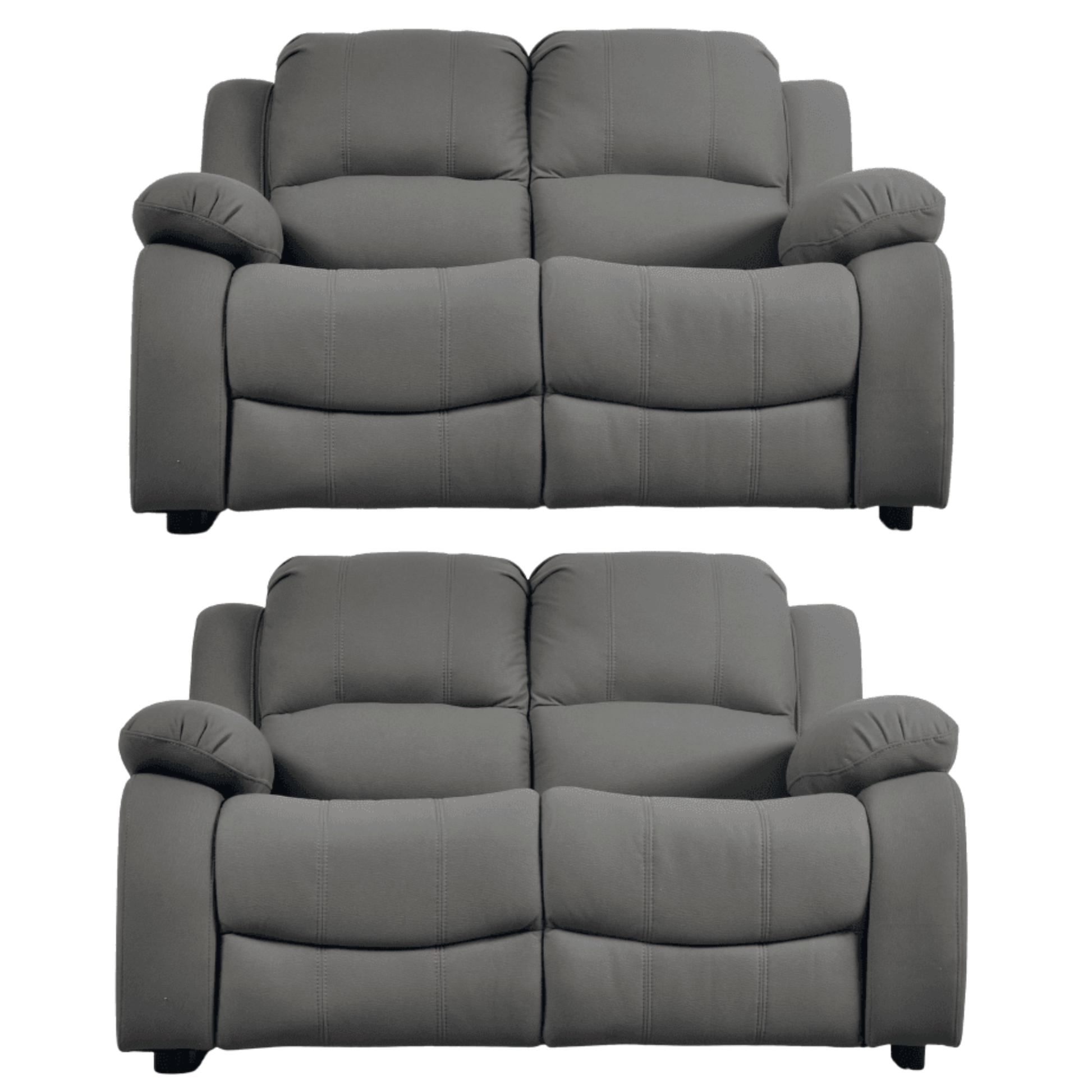 Two gray reclining sofas on a white background