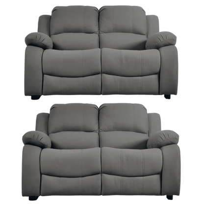 Two gray reclining sofas on a white background