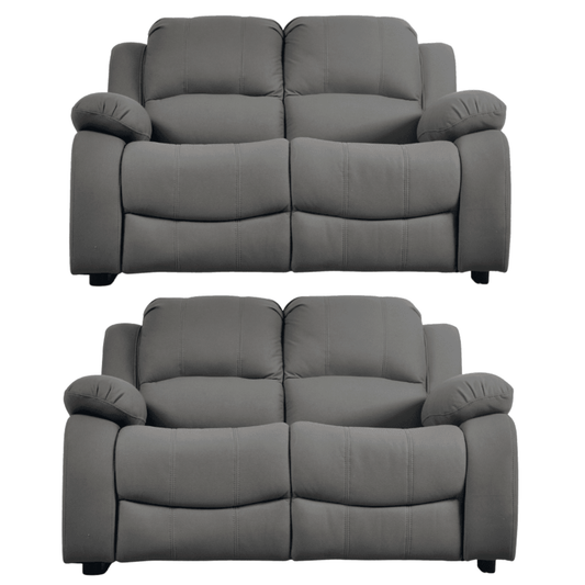Two gray reclining sofas on a white background