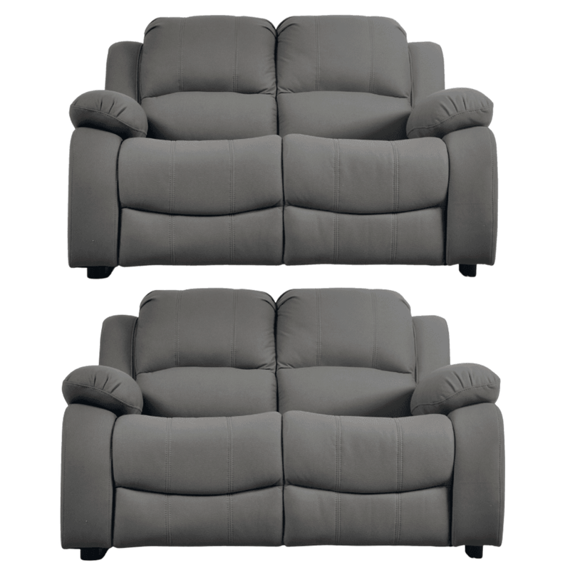 Two gray reclining sofas on a white background