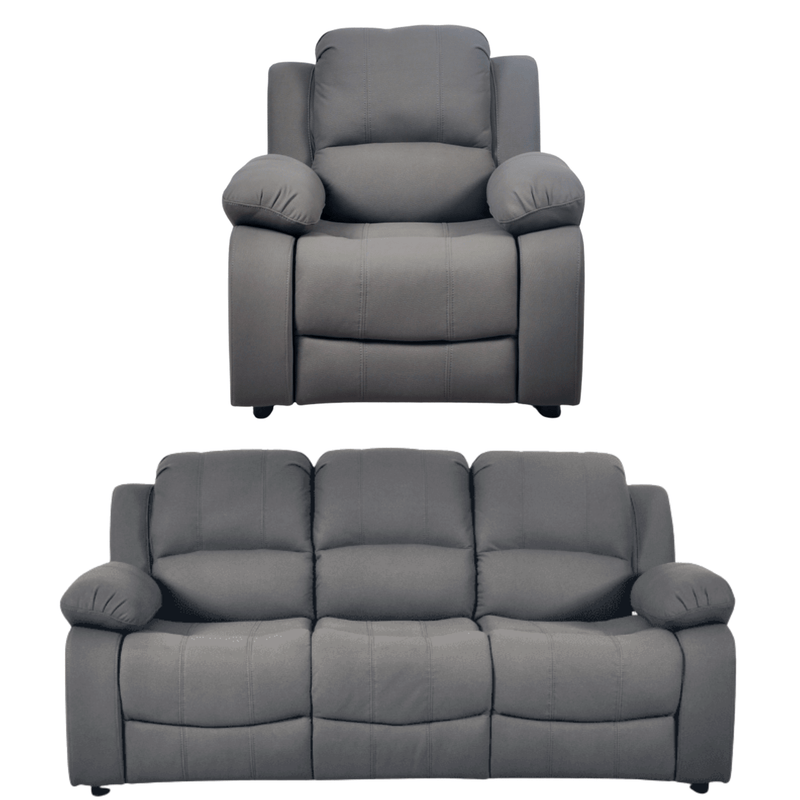 Gray recliner chair and sofa set on a white background