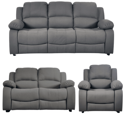 Gray sofa set with a recliner and armchair on a white background