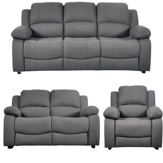 Gray sofa set with a recliner and armchair on a white background