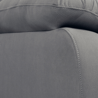 Close-up of a gray upholstered chair with visible stitching