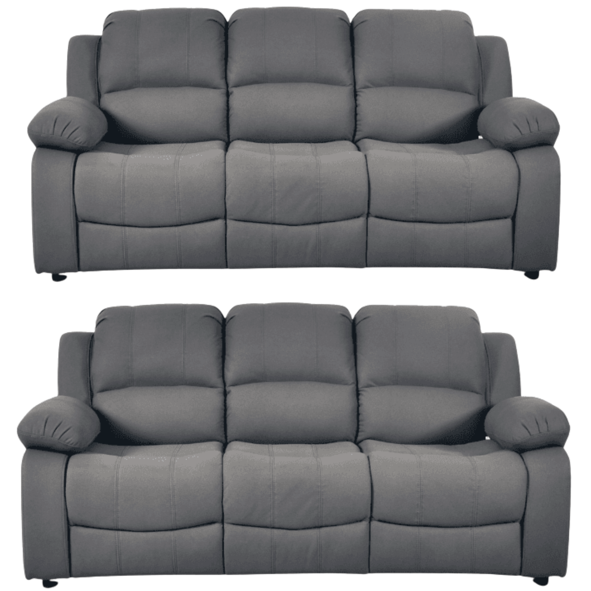 Two gray recliner sofas on a white background