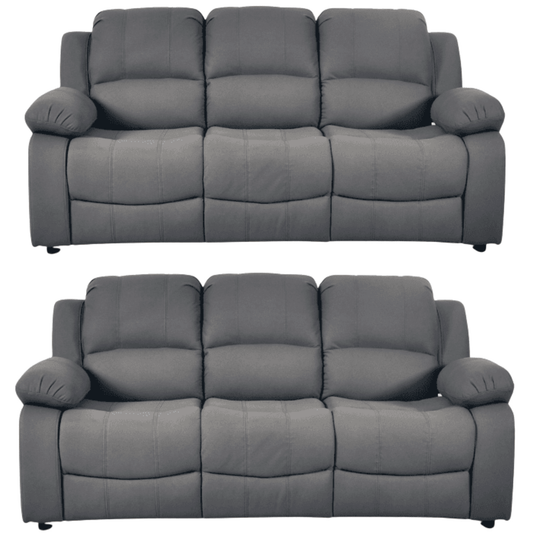 Two gray recliner sofas on a white background