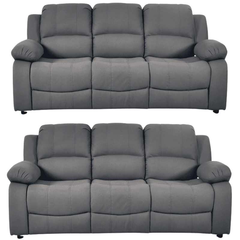 Two gray recliner sofas on a white background