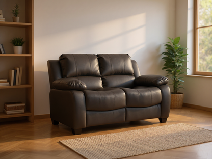 Modern 2 seater grey leather sofa – contemporary two-seater couch on white background