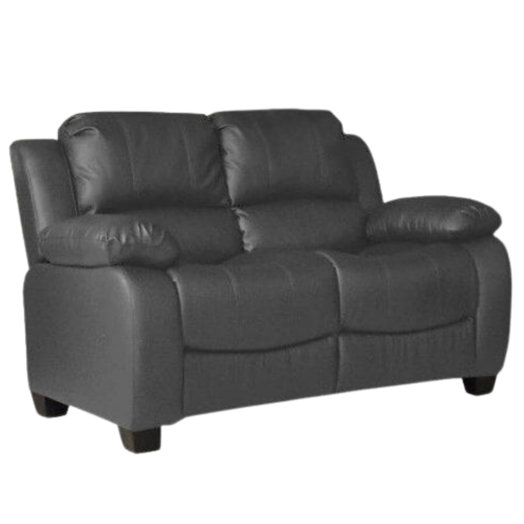 Modern 2 seater grey leather sofa – contemporary two-seater couch on white background