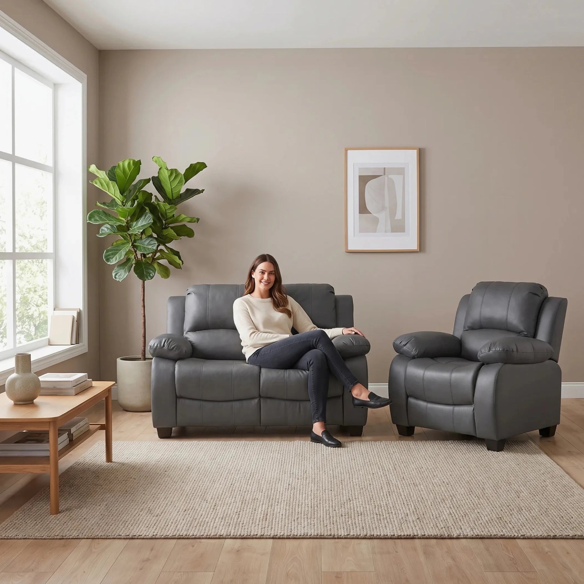 Valerie Grey Leather 2+1 Seater Sofa Set - Furniture Instore