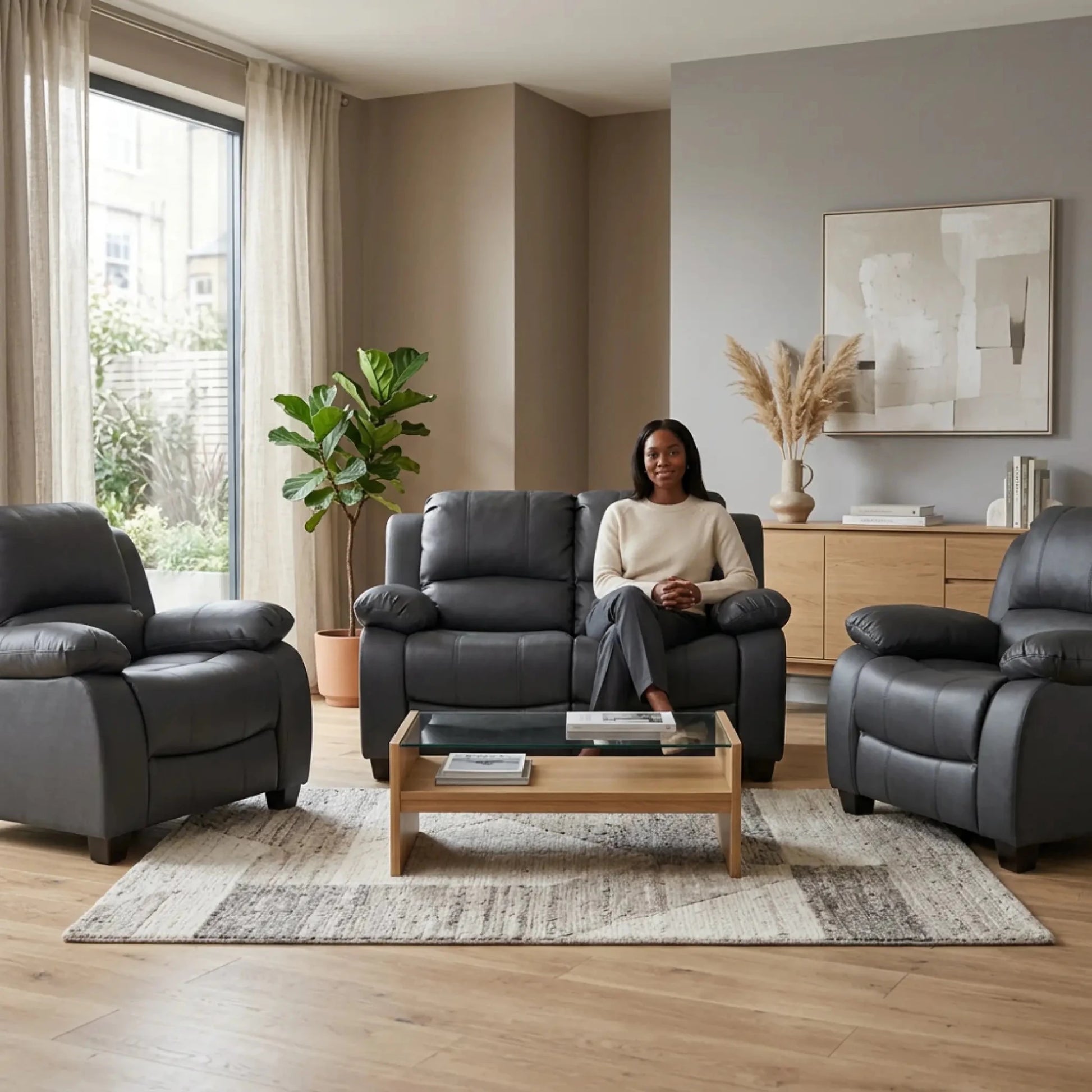Valerie Grey Leather 2+1+1 Seater Sofa Set - Furniture Instore