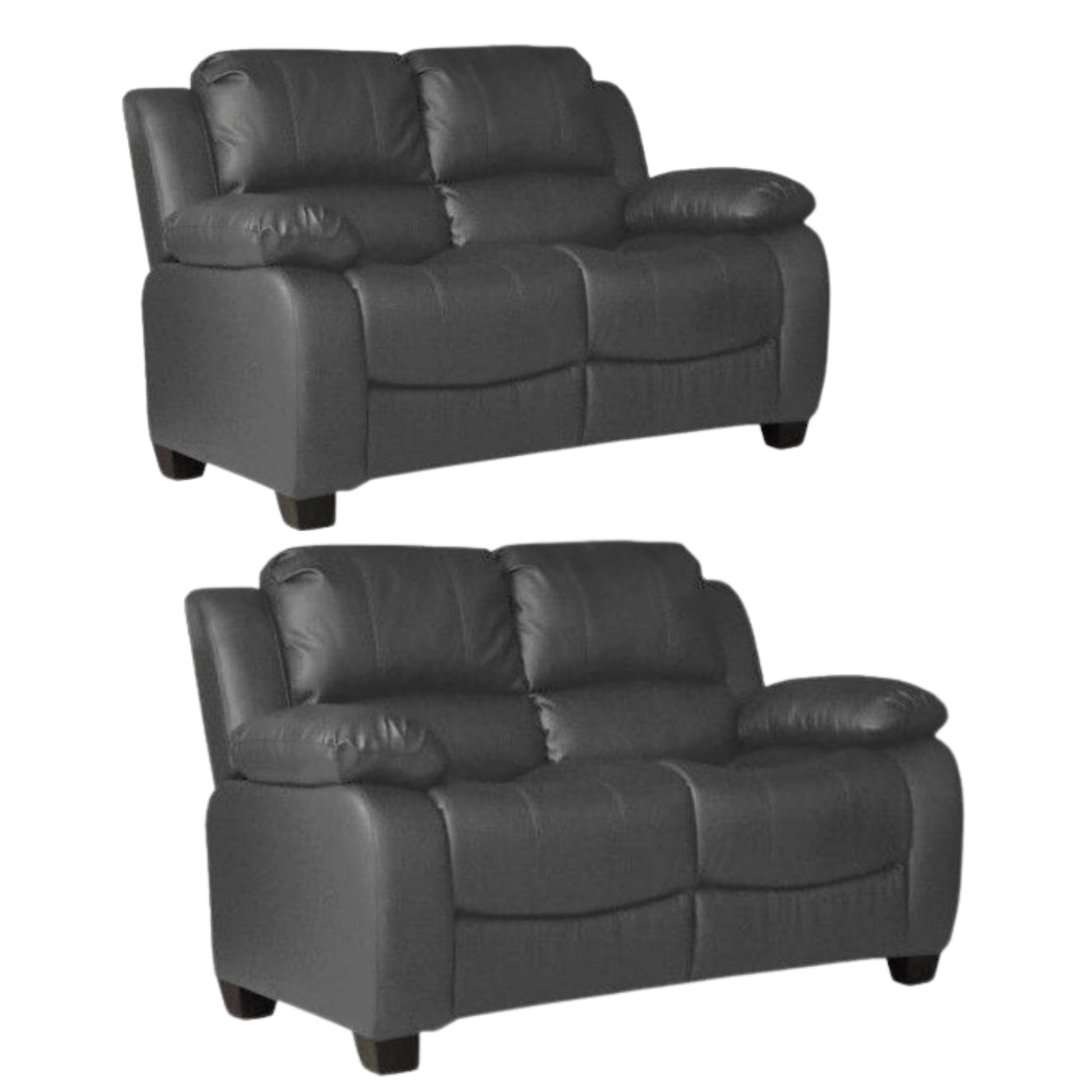 Two gray leather recliner sofas on a white background