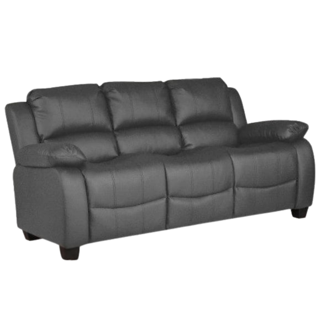 Modern 3 seater grey leather sofa – contemporary three-seater couch on white background