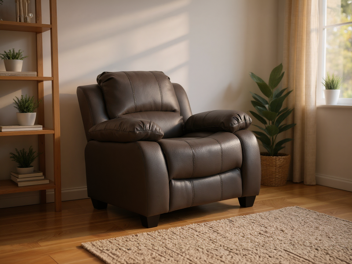Modern grey leather armchair in stylish contemporary living room interior