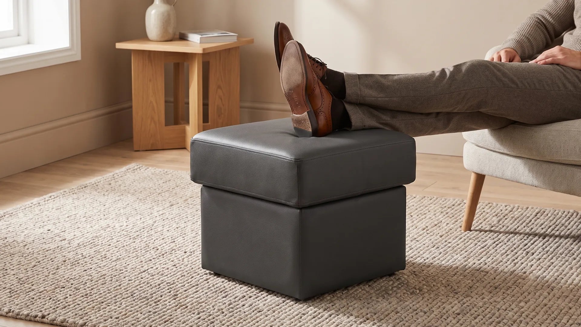 Valerie Grey Leather Footstool - Furniture Instore