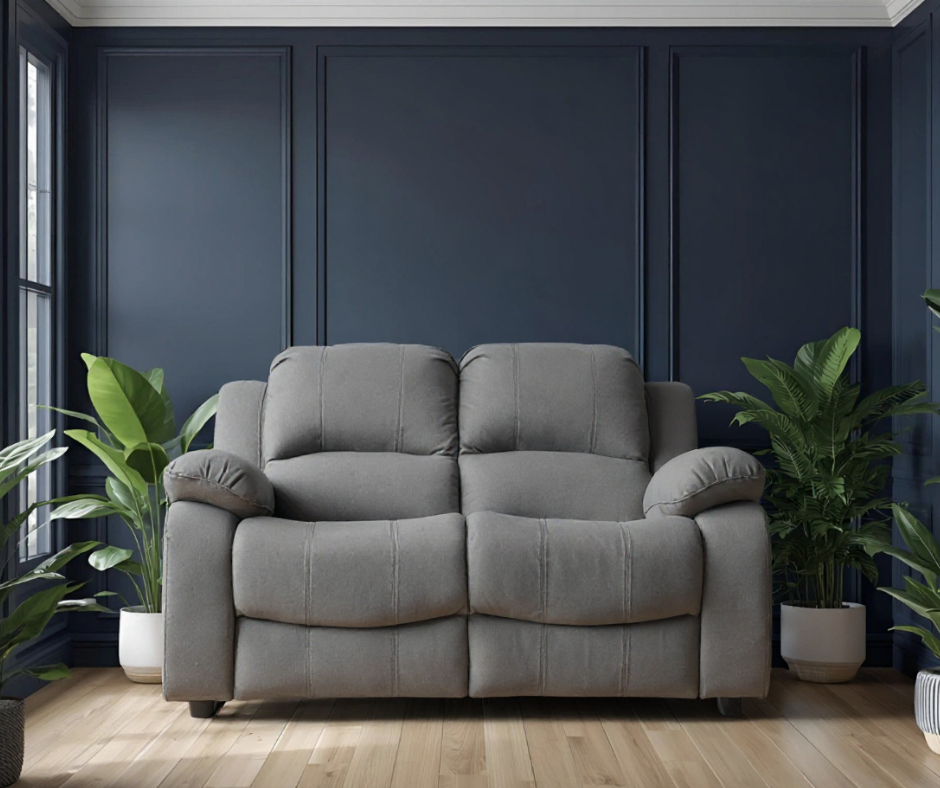 Stylish light grey fabric 2 seater sofa in modern living room – contemporary upholstered couch for elegant home interior