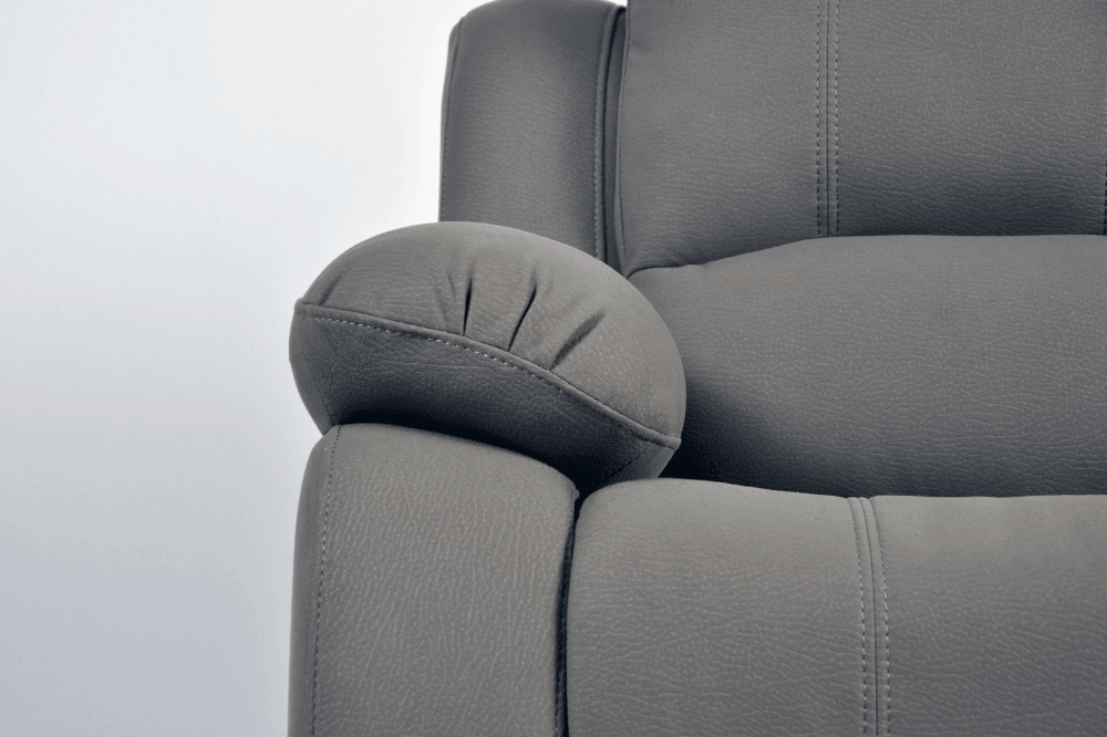 Close-up of modern light grey fabric sofa – textured upholstery detail of contemporary living room furniture