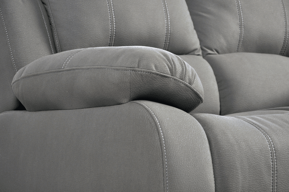 Close-up side view of modern light grey fabric sofa – textured upholstery detail of contemporary living room furniture