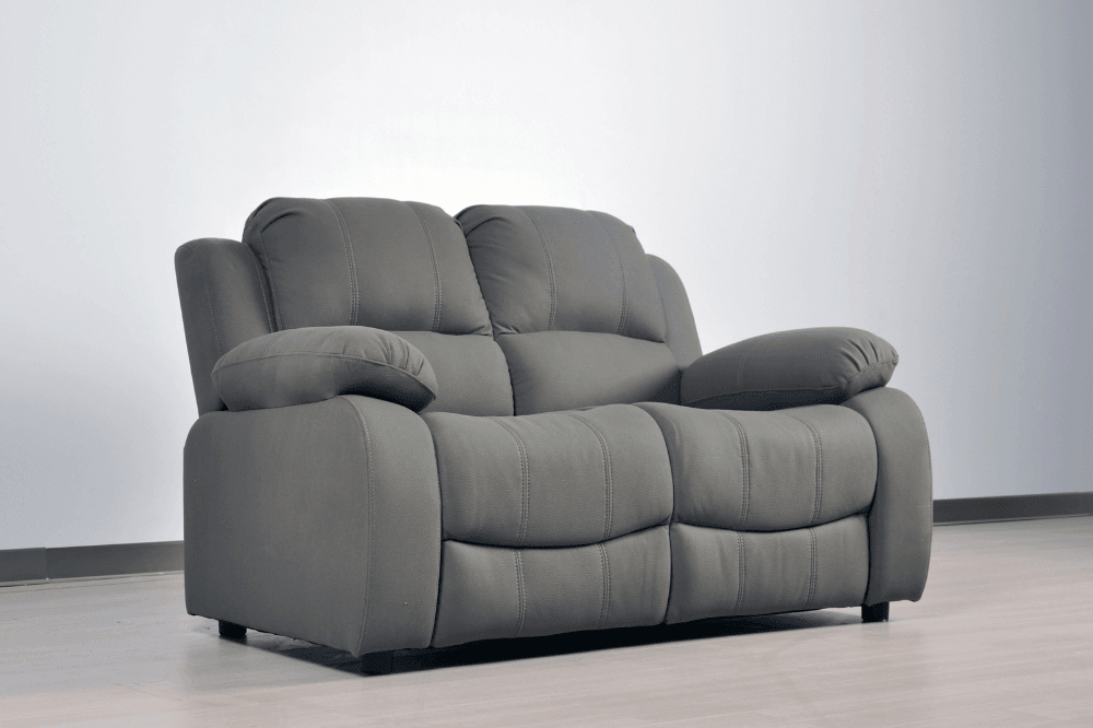 Stylish light grey fabric 2 seater sofa in modern living room – contemporary upholstered couch for elegant home interior