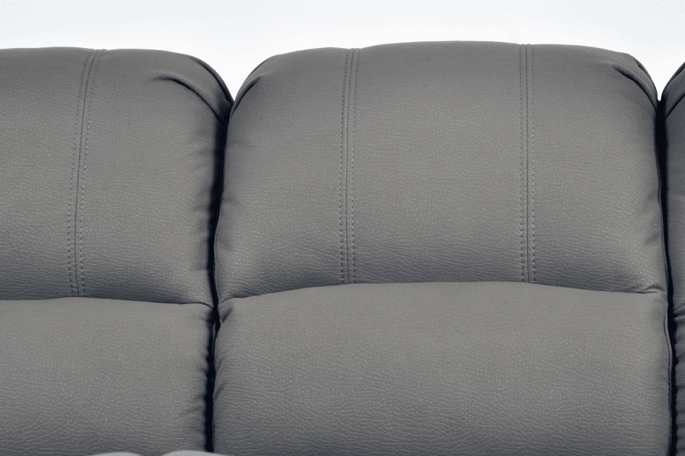 Close-up stitching of modern light grey fabric sofa – textured upholstery detail of contemporary living room furniture