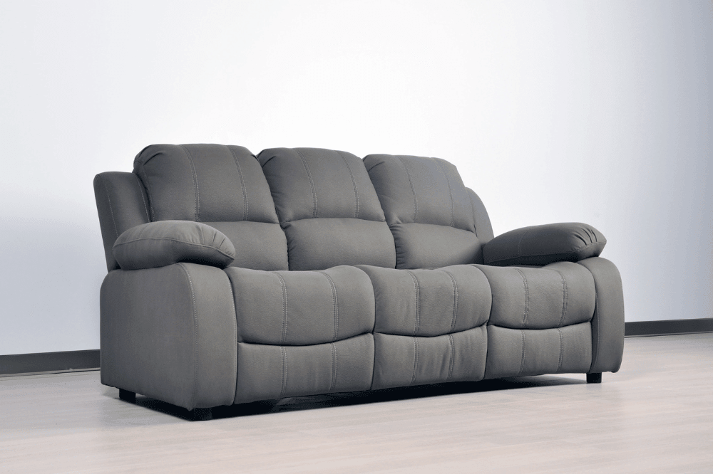 Stylish light grey fabric 3 seater sofa in modern living room – contemporary upholstered couch for elegant home interior