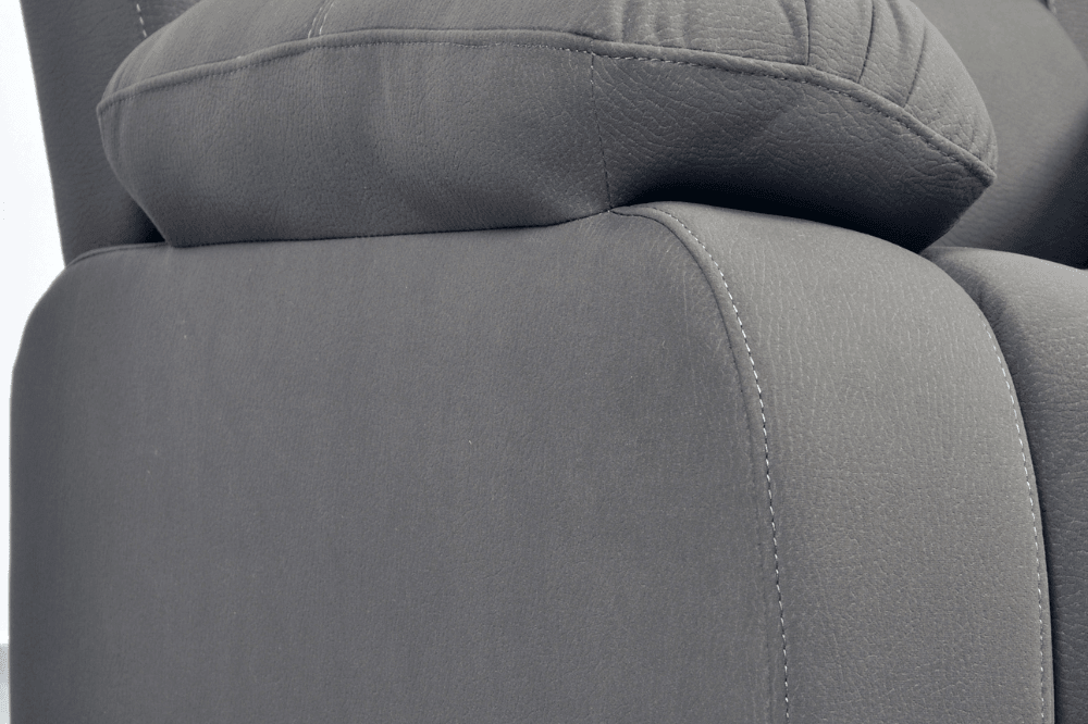 Close-up of modern light grey fabric sofa – textured upholstery detail of contemporary living room furniture