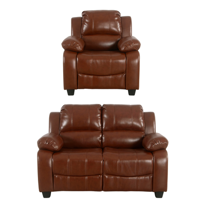 Brown leather recliner chair and loveseat set on a white background