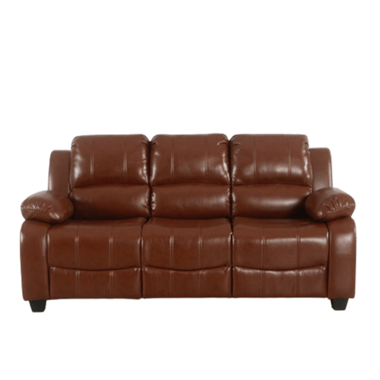 Front view of a 3-seater tan leather-Aire sofa isolated on a white background.
