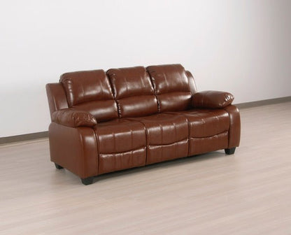 Three-quarter angled view of the tan Leather-Aire sofa from the left side in a studio setting.

