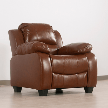 Brown leather recliner chair on a light wooden floor with a white wall background