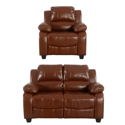 Brown leather recliner chair and loveseat set on a white background