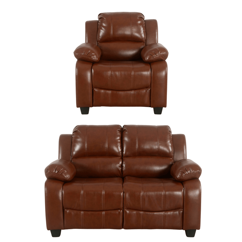 Brown leather recliner chair and loveseat set on a white background