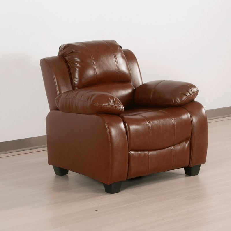 Brown leather recliner chair on a light wooden floor with a white wall background