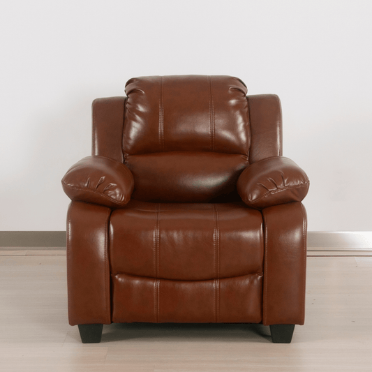Brown leather recliner chair on a light wooden floor with a white wall background