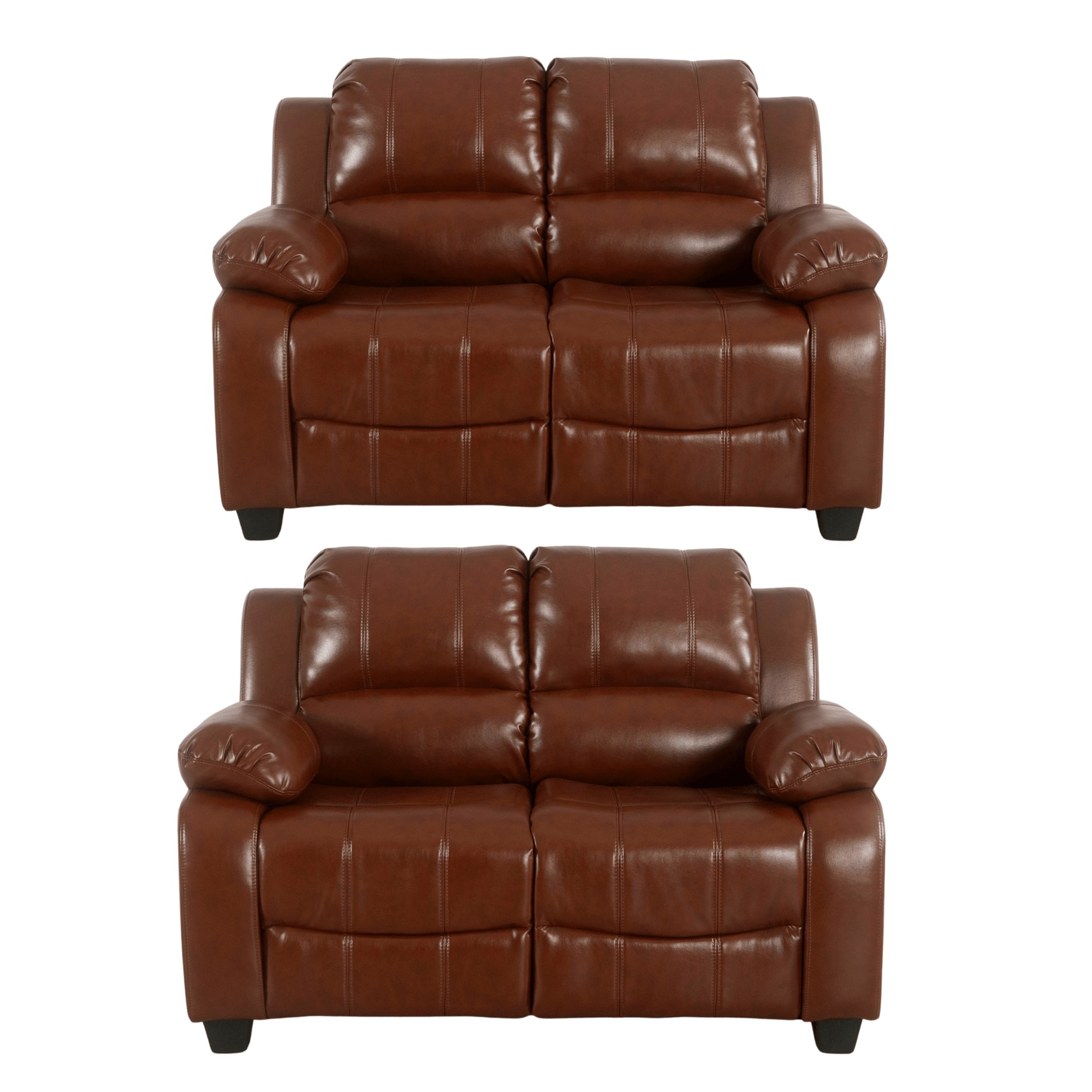 Two brown leather recliners on a white background