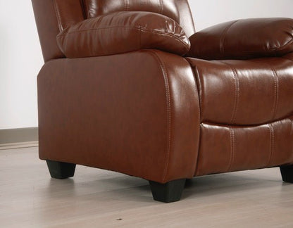Tan leather recliner chair on a light wooden floor side facing 