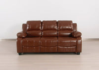 Full front view of the tan leather-Aire 3-seater sofa on a light wood floor.
