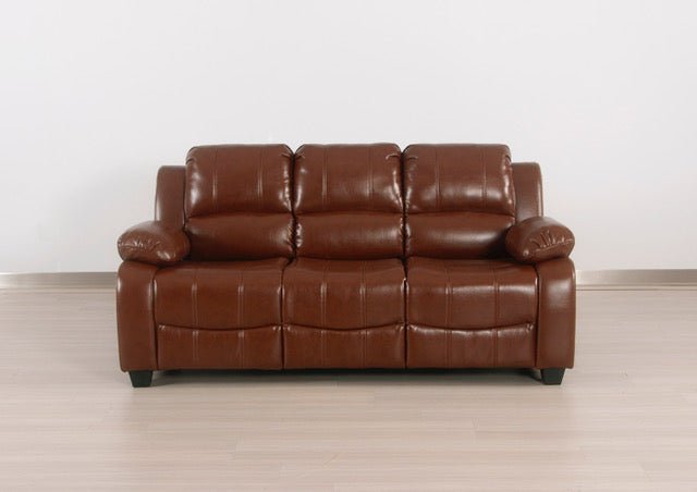 Full front view of the tan leather-Aire 3-seater sofa on a light wood floor.

